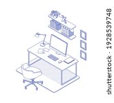 Blue isometric home office on white. Vector illustration in flat design, isolated. Outlined, linear style. 