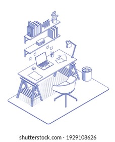 Blue isometric home office on white. Vector illustration in flat design, isolated. Outlined, linear style. 