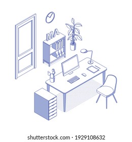 Blue isometric home office on white. Vector illustration in flat design, isolated. Outlined, linear style. 