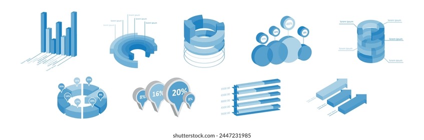 Blue Isometric Infographic Elements with Chart and Diagram Vector Set