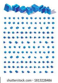 Azul isométrico aislado alfabeto cirílico ruso. Grandes cartas de colección en varios preámbulos con sombras. Establecer para escribir el logotipo y las citas, los caracteres de mayúsculas