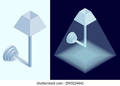 Blue isometric lamp 3D rendering. Blue light emitting square, isometric wall lamp. Bedroom interior vector decorative design element.