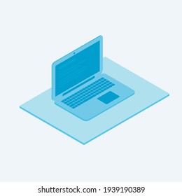 Portátil isométrico azul. Ilustración vectorial de dibujos animados. PC sobre la mesa.