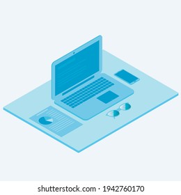 Portátil isométrico azul. Ilustración vectorial de dibujos animados. PC y smartphone sobre la mesa. Mesa de oficina isométrica.