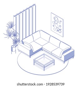 Blue isometric living room on white. Vector illustration in flat design, isolated. Outlined, linear style.