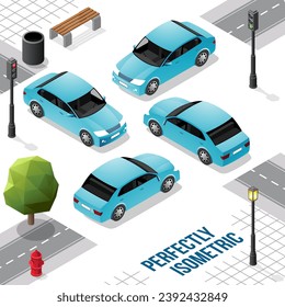 Auto largo isométrico azul de la parte delantera derecha e izquierda aislado en blanco
