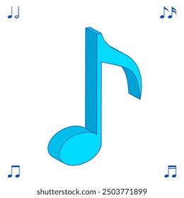 Blue Isometric Music note, Isolate Quaver Note Melody vector symbol, Sound graphic elements in Flat style, Cute Object for Concert and Event, Music illustration, Vector stock (Editable color)