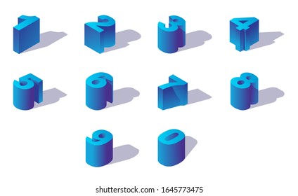 Blue isometric numbers sequence from zero to nine. Creative 3d digits drawn with shadows.