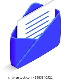 Blue isometric open envelope holding a letter with lines of text, symbolizing email, messaging, and online communication in a digital landscape of correspondence and connection