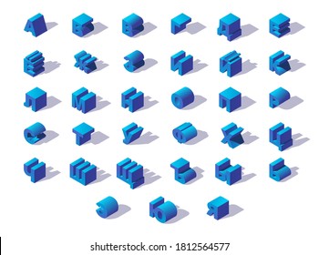Blaues isometrisches russisches Alphabet mit Schatten. 