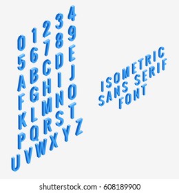 Blue isometric sans serif font isolated.