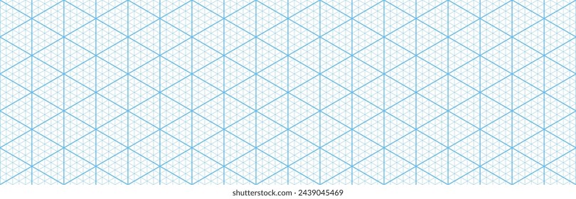 Patrón de rejilla triangular isométrica azul, fondo de malla de papel. Guía sin costuras para el diseño mecánico o de ingeniería y dibujo. Plano para proyectos de arquitectura y diseño