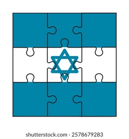 blue Israel flag puzzle pieces flat vector. join us against the war in gaza. memorial day for soldiers victims blue backgound art. protect israeli or jewish people. connect over the world illustration