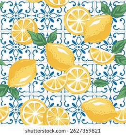 Blue Italian geometric tiles, yellow lemons seamless pattern. Amalfi coast summer wallpaper.
