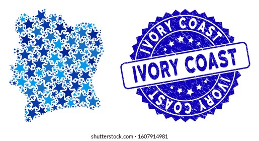 Blue Ivory Coast map mosaic of stars, and distress round seal. Abstract territorial plan in blue shades. Vector Ivory Coast map is designed of blue stars.