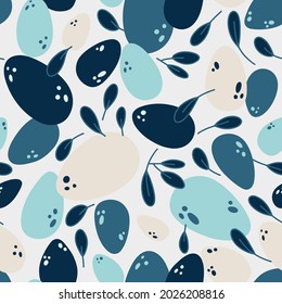 Blue and ivory eggs and leaves seamless pattern background print. Vector illustration. Great for kids and fun home decor. Easter inspired surface pattern design.