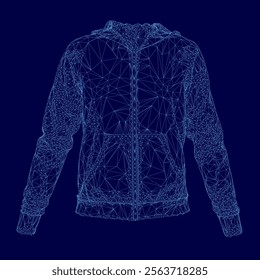 Blue jacket with a hood is shown in a computerized image. The jacket is made of a shiny material and has a zipper on the front. The jacket is designed to look like a 3D model, giving it a futuristic