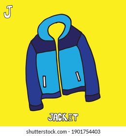 blue jacket for men vector illustration. hand drawn lettering-jacket for kids. menwear icon on yellow background. hand drawn vector. doodle fashion for children, education, card, poster, clipart. 