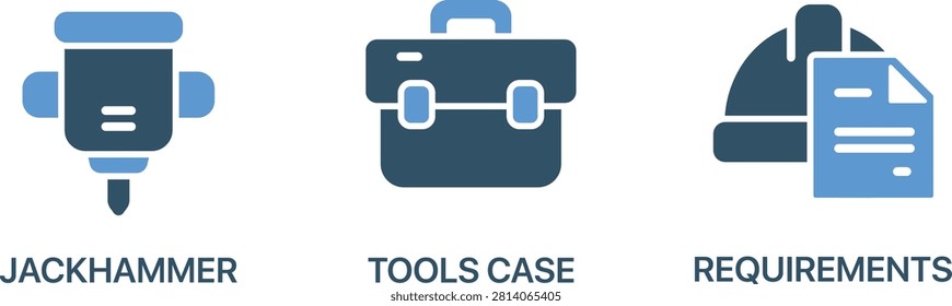 Blue jackhammer, tool case and requirements list icon set vector illustration