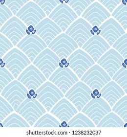 Blue japan inspired abstract pattern with flowers and white lines.