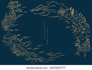 Blauer japanischer Hintergrund mit asiatischem traditionellen Symbolvektor. Kirschblüten- und Pfingstrosenblüte, Wellenmuster, Bambus und Bandelemente. Geometrisches Muster im Vintage-Stil.