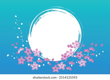 Blue Japanese background with brush drawn circles and cherry blossoms.