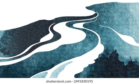 Blue Japanese background with hand drawn wave in vintage style. Abstract art chinese landscape banner design. Water surface element.