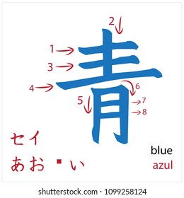 Blue. Japanese flash card vector design for students