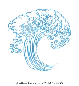 Blue Japanese line drawing illustration of splashing sea. Dynamic Japanese wave of ink brush. Blurred hair brush. Curved line design