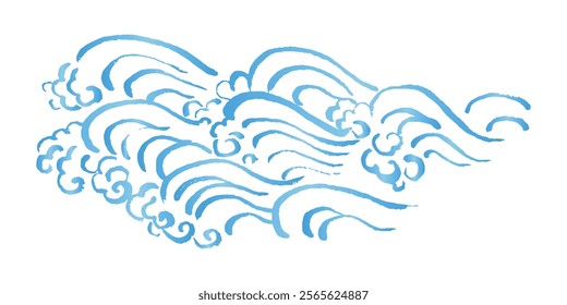 Blue Japanese line drawing illustration of hair brush. Ink brush waves in horizontal design. Concept of ocean, swirl and splash. Blurred curves