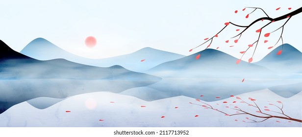 Blue Japanese mountains in Japanese style with tree and sakura flowers. Oriental landscape watercolor art background for decor, website design, banner