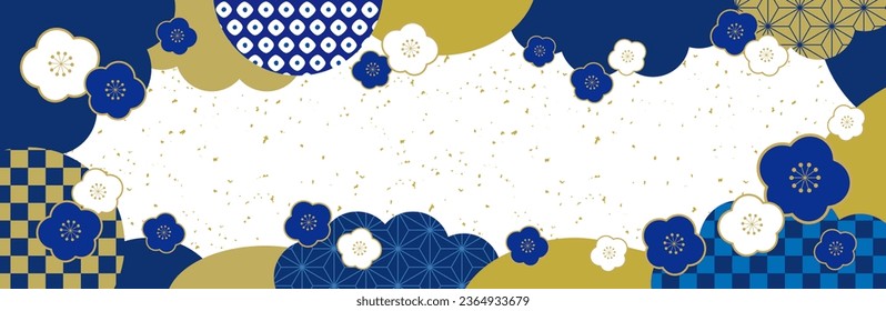 Blue Japanese pattern, gold leaf and plum blossoms Japanese style banner Long horizontal square frame