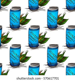 Blue jar with a cold drink seamless pattern on a white background. Background for design of packaging for fast food.