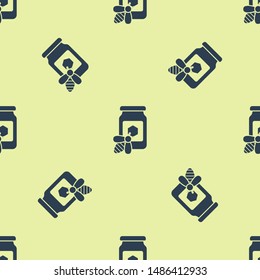 Blue Jar of honey with bee icon isolated seamless pattern on yellow background. Sweet natural food in bank. Honeybee or apis with wings symbol. Flying insect.  Vector Illustration