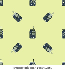 Blue Jar of honey and honey dipper stick icon isolated seamless pattern on yellow background. Food bank. Sweet natural food symbol. Honey ladle.  Vector Illustration