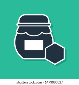 Blue Jar of honey icon isolated on green background. Food bank. Sweet natural food symbol.  Vector Illustration