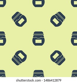 Blue Jar of honey icon isolated seamless pattern on yellow background. Food bank. Sweet natural food symbol.  Vector Illustration