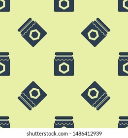 Blue Jar of honey icon isolated seamless pattern on yellow background. Food bank. Sweet natural food symbol.  Vector Illustration