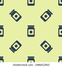 Blue Jar of honey icon isolated seamless pattern on yellow background. Food bank. Sweet natural food symbol.  Vector Illustration