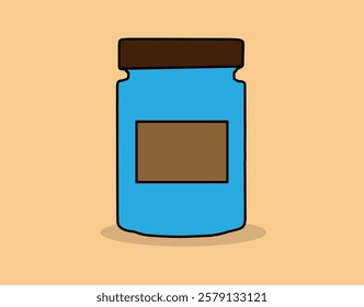 a blue jar with a label on a beige background,