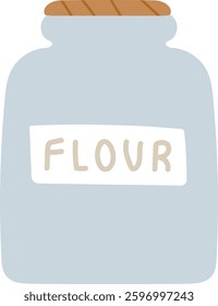 The blue jar labeled 'flour' sits prominently on a kitchen counter, surrounded by cooking utensils. The setting reflects a cozy, contemporary kitchen atmosphere.