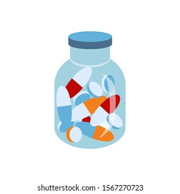 Blue jar of multicolor pills. Vector illustration isolated on white background. 