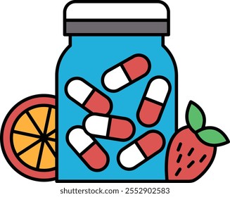 A blue jar with pills and fruit in it. The pills are red and white and the fruit is an orange and a strawberry