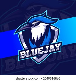 Blue jay bird head mascot esport logo designs for game and sport logo with shield