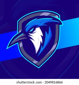 Blue jay bird head mascot esport logo designs for game and sport logo with shield