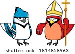 Blue Jay Bird And Red Cardinal Bird Cartoon Characters. Vector Illustration Isolated On White Background