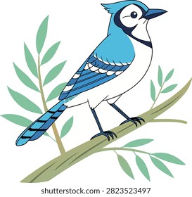 Blue jay character standing on tree branch surrounded by green leaves, detailed cartoon bird illustration with crest and bright plumage, nature wildlife art.