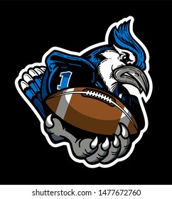 blue jay football team design with mascot holding ball for school, college or league