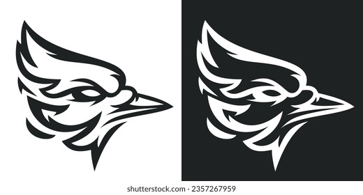 Blue jay head isolated on white and black background. Silhouette abstract bird. Template for design mascot, label, badge, emblem or other branding. Vector illustration.