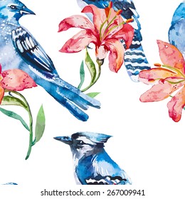 Blue jay and lilies. Flower and bird pattern. Vector. Watercolor.